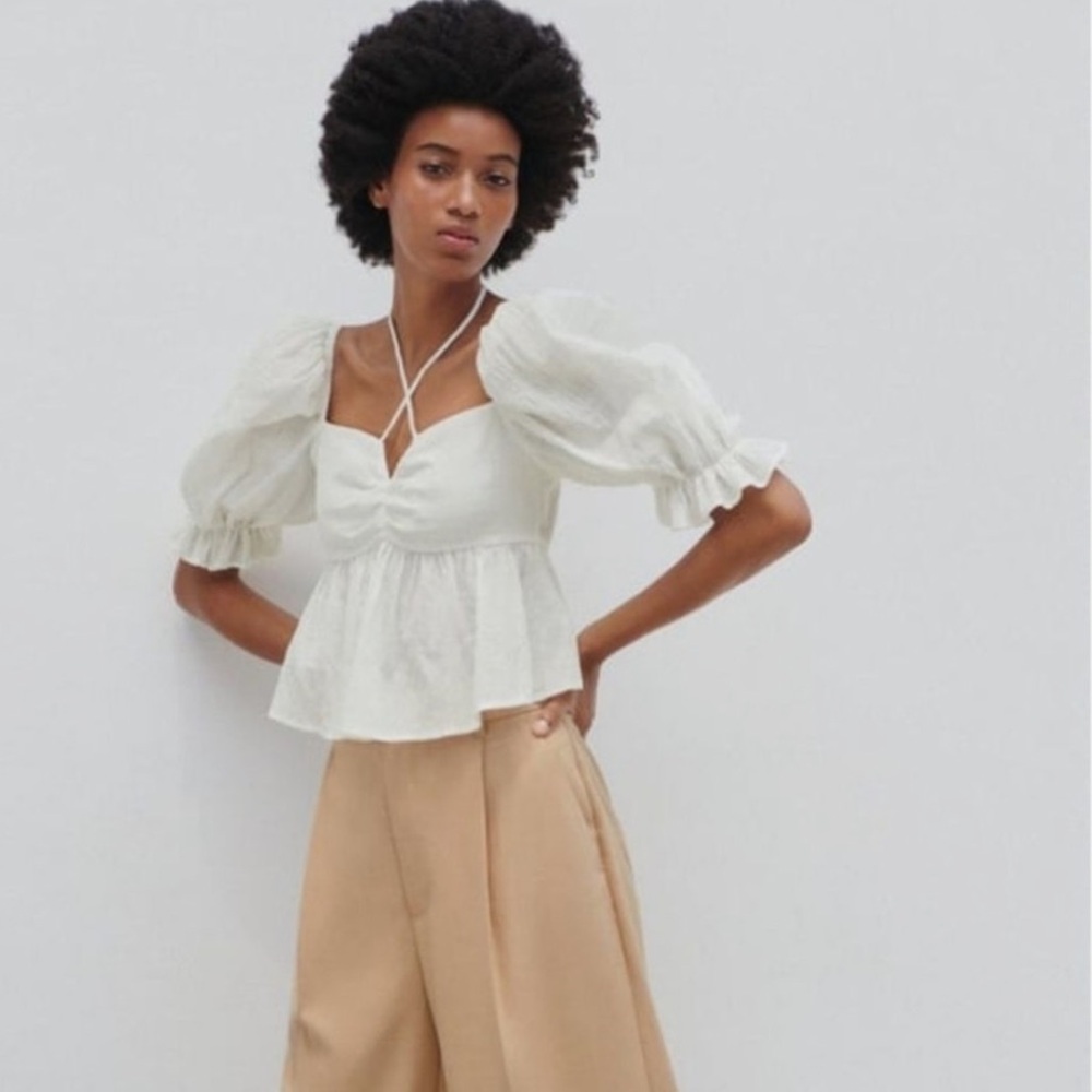 Zara White Puff Sleeve Peplum Blouse Size Small
